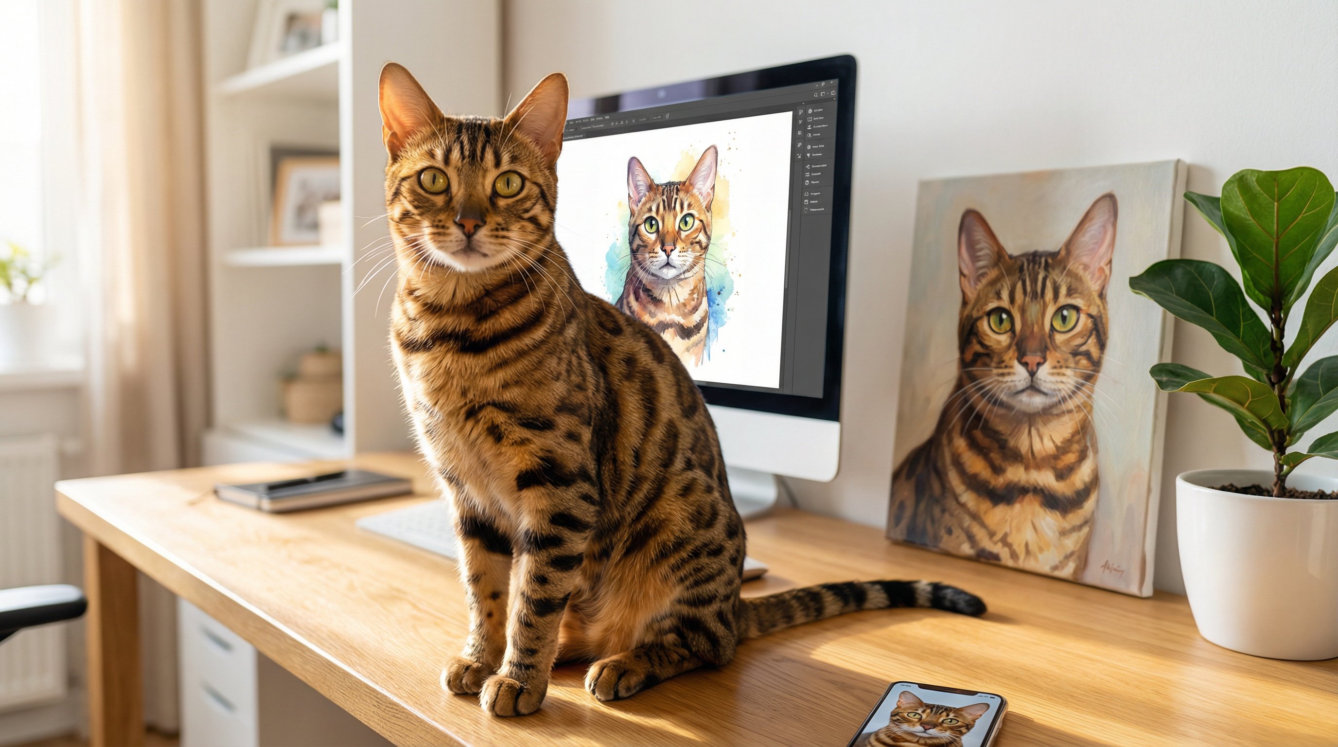 Bengal cat with rosette coat sitting on a desk near its digital portrait.