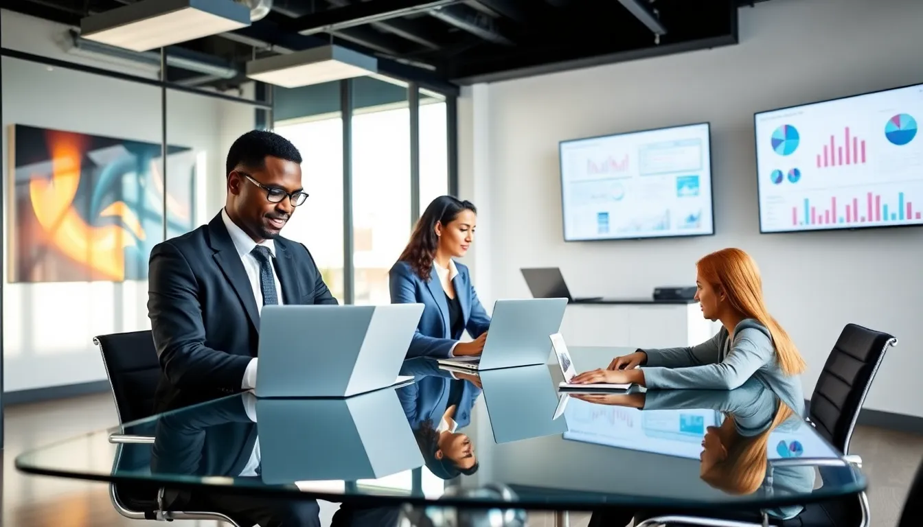 lawyers collaborating with technology in a modern office setting.