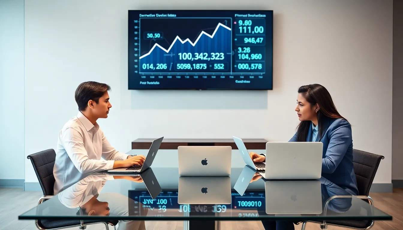Professionals collaborating in a modern office around a data analytics display.