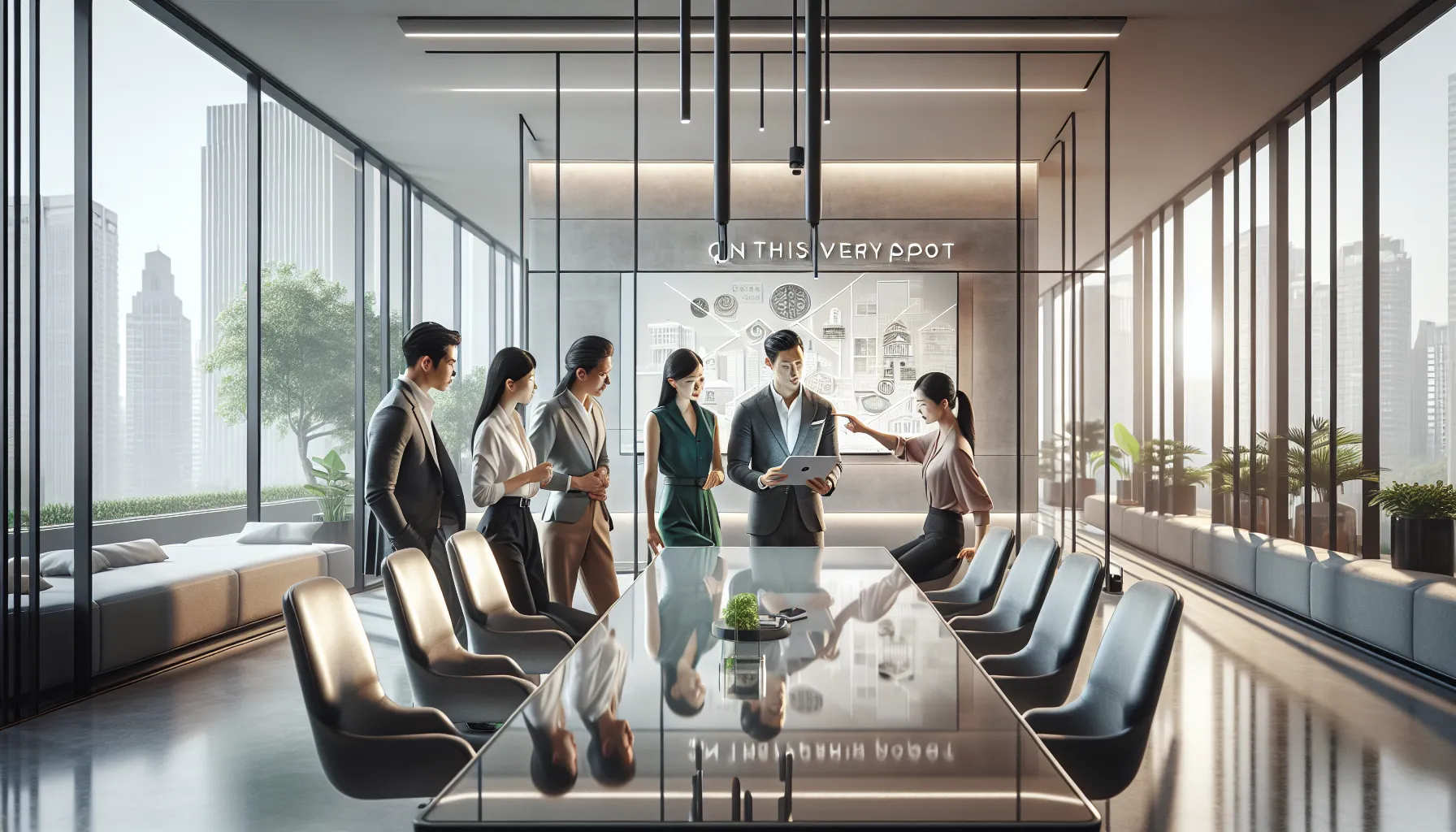 diverse team discussing OnThisVerySpot.com in a modern office.