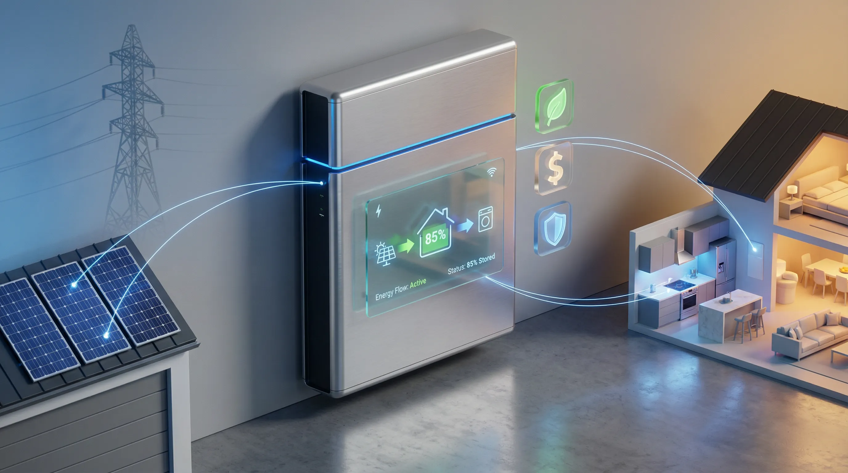 3D render of modern battery storage system in residential setting with solar panels and energy flow visualization.
