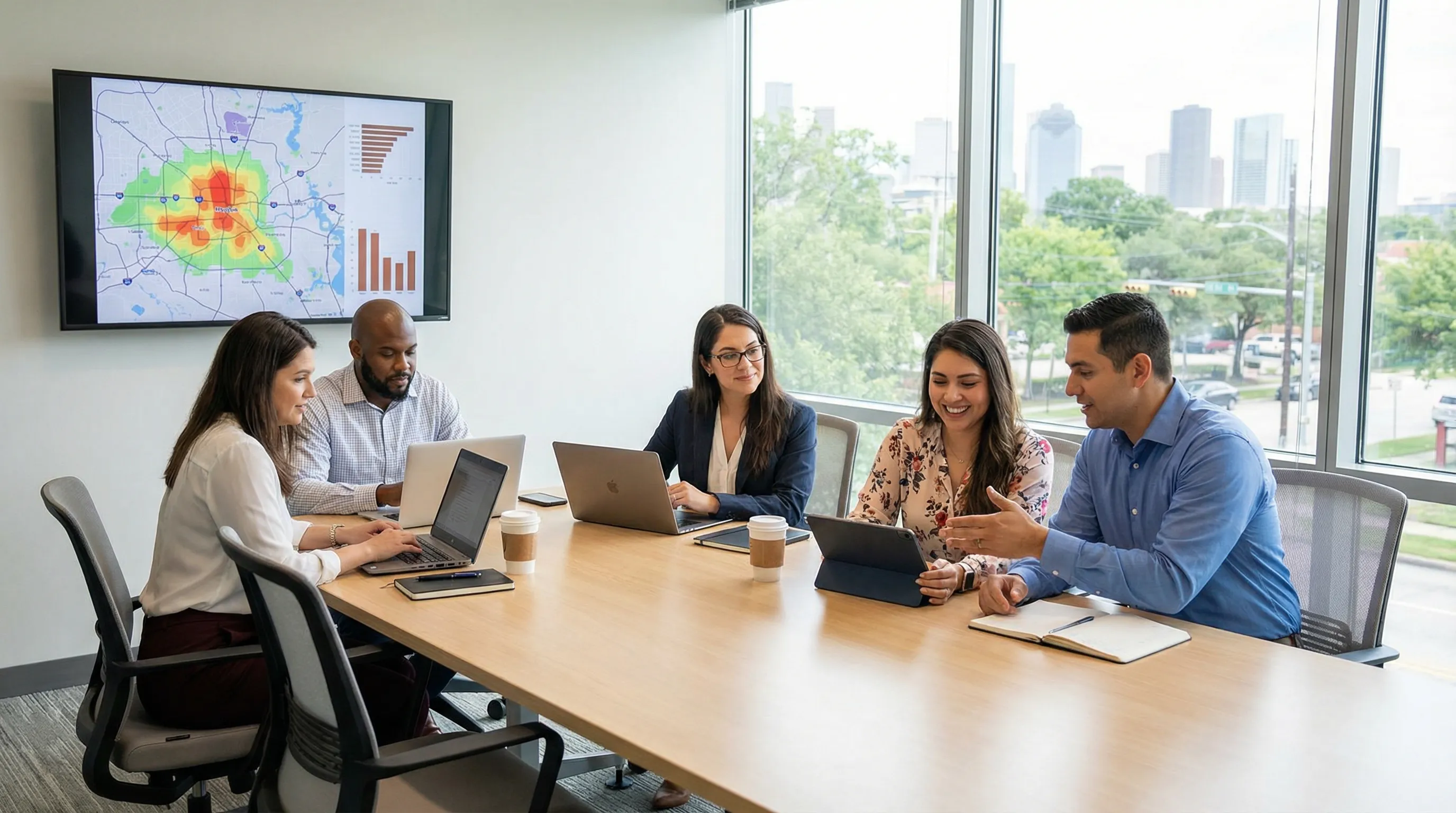 Local SEO Houston team in a modern office collaborating with a small business owner over laptops and a city map on a screen, with the Houston skyline visible through the windows, reflecting professional, locally focused digital marketing support.