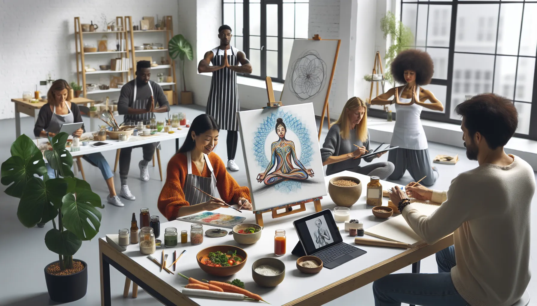 artists and practitioners collaborating in a vibrant studio setting.