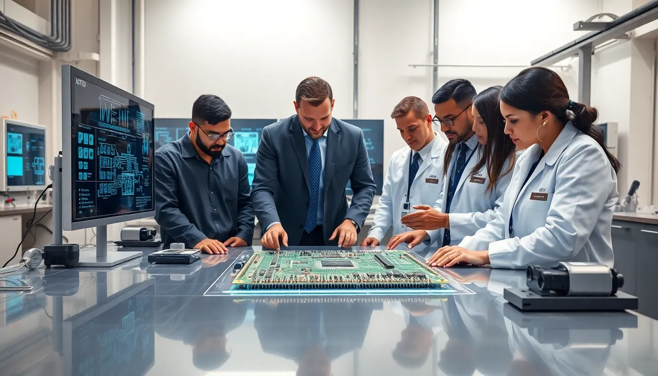 Engineers examining a multi-layer PCB in a modern electronics lab.