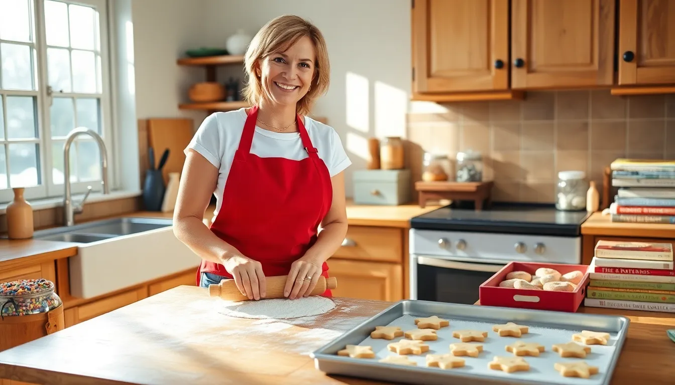 a woman baking cookies in a sunny American kitchen.