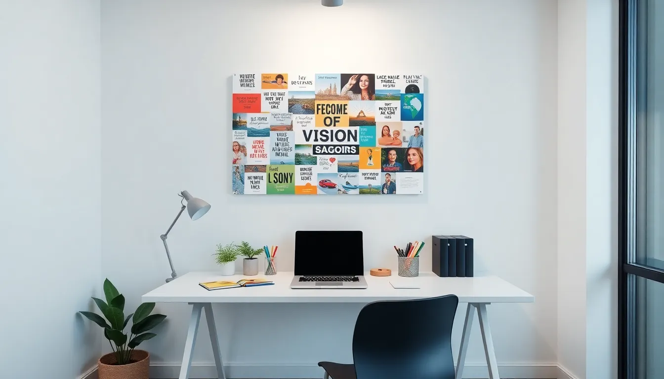 An inspiring vision board with career and personal goal visuals.
