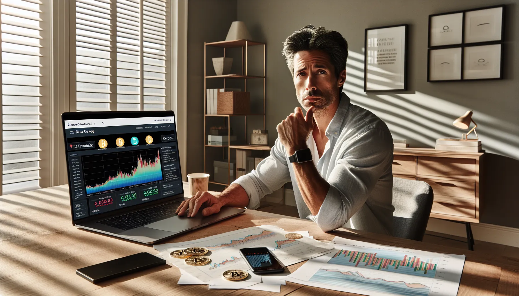 An American investor skeptically examining a suspicious investment platform on a laptop screen.