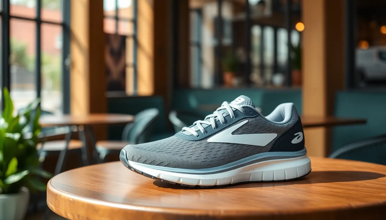Stylish Brooks lifestyle shoes displayed on a modern table in a café setting.