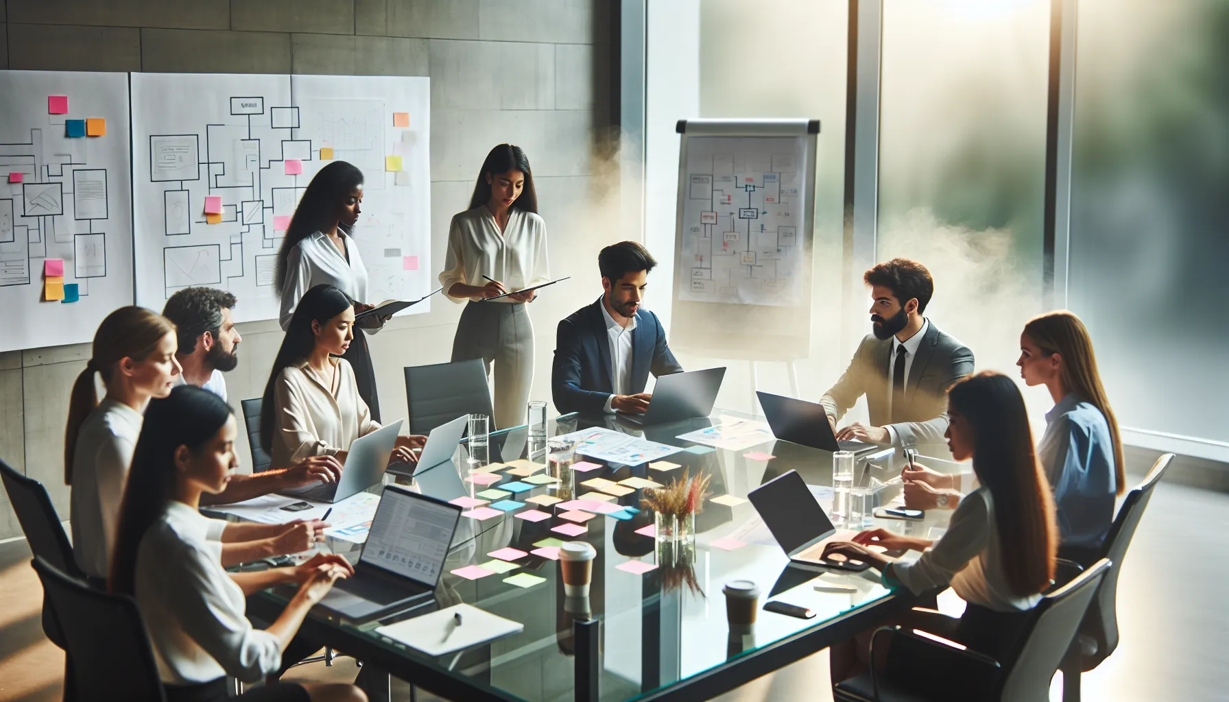 diverse professionals brainstorming in a modern office.
