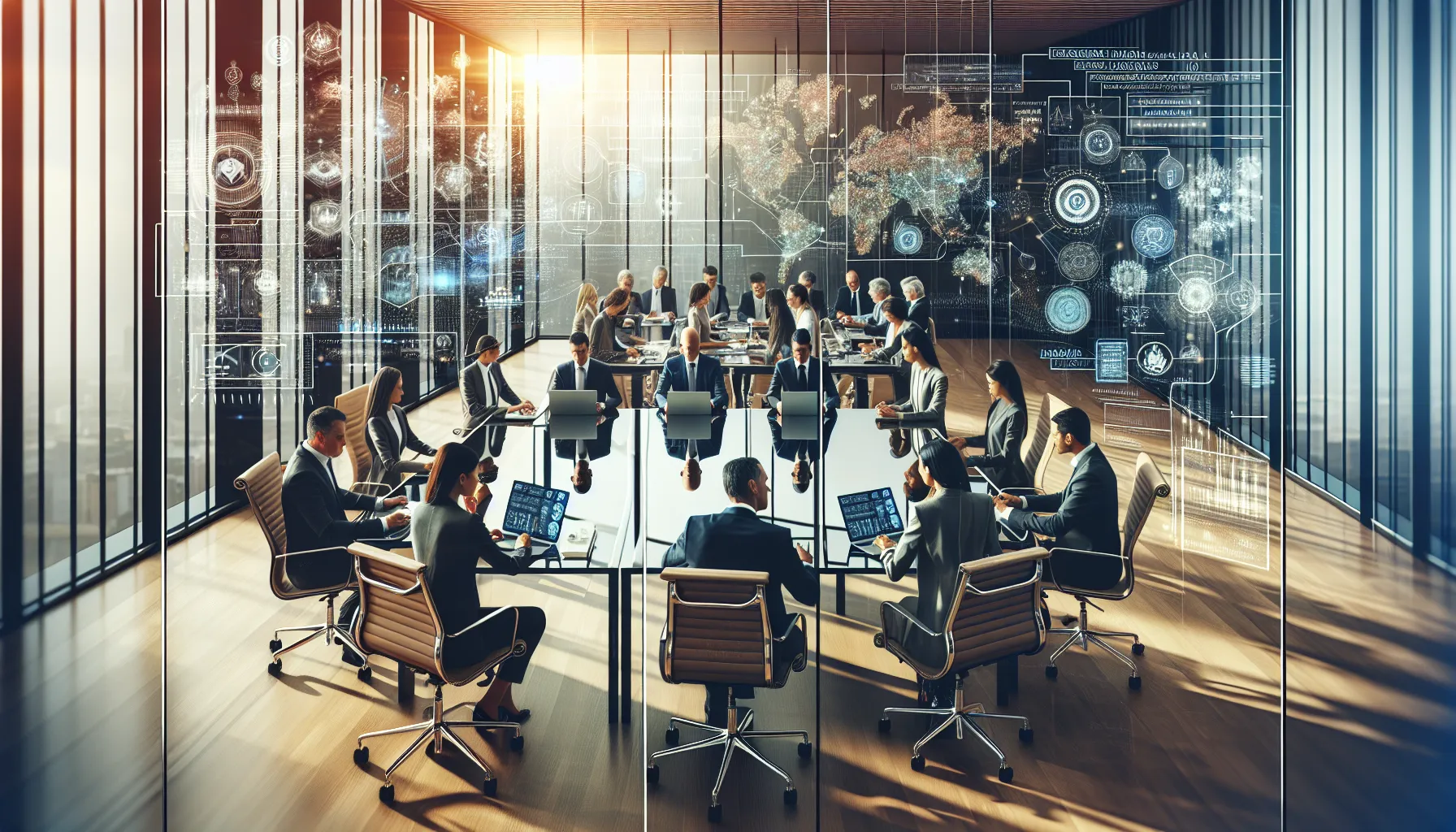 diverse professionals discussing technology in a modern office.