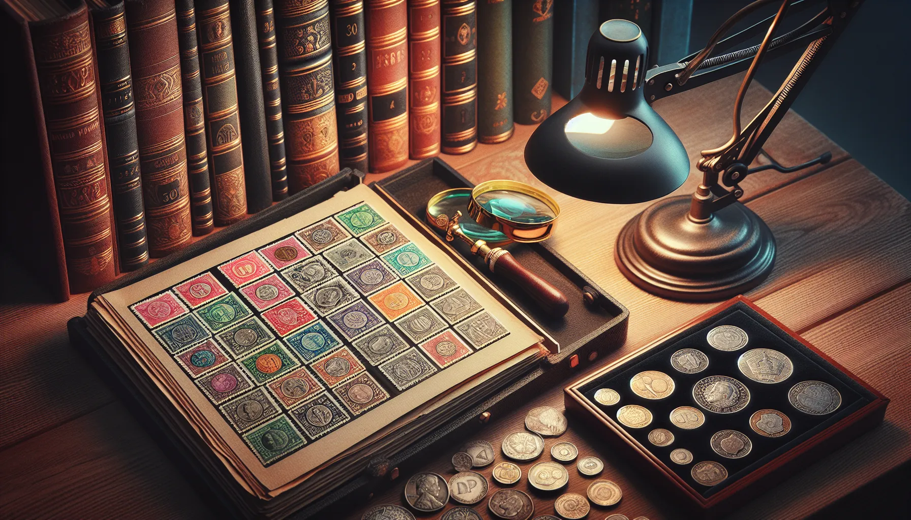 A study desk displaying stamps and coins, tools, and a warm working atmosphere.