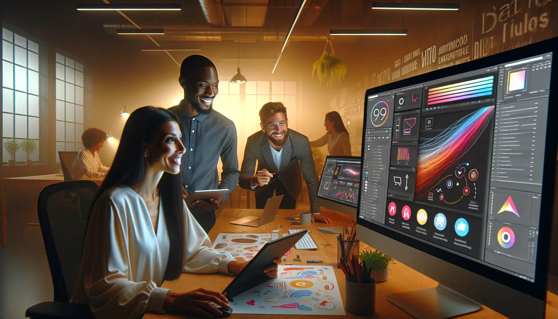 diverse professionals using Shotscribus software in a modern office.