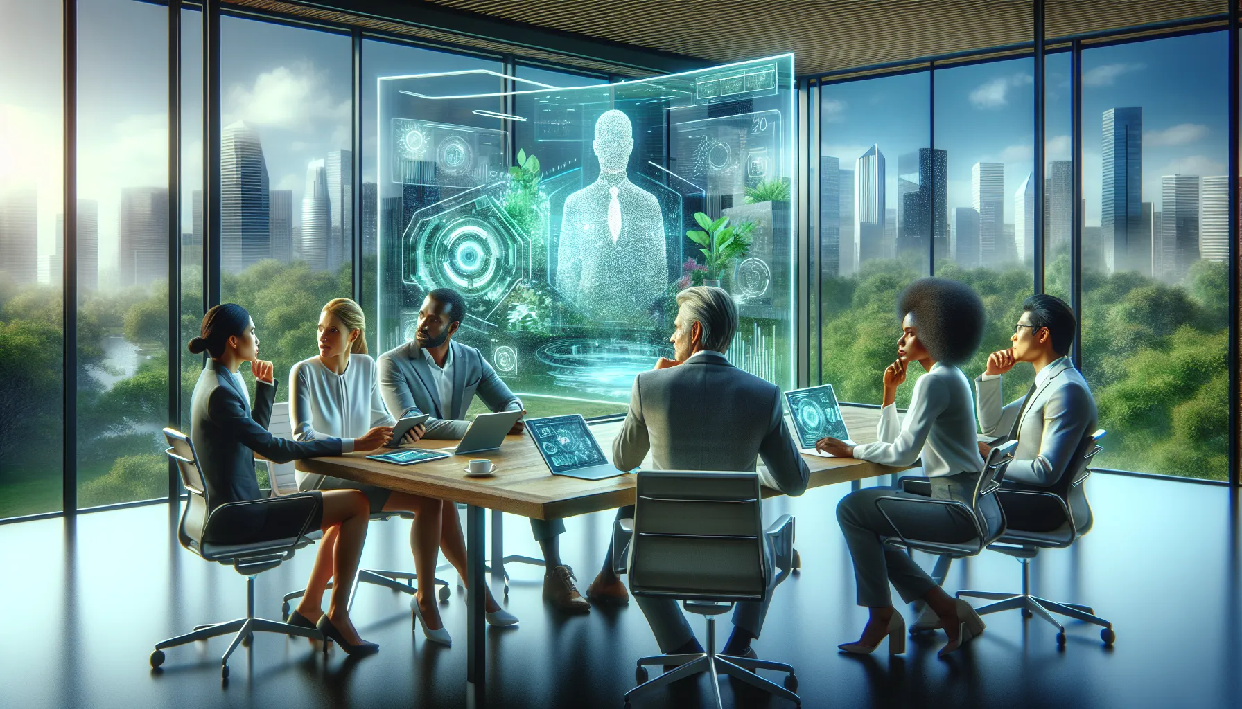 diverse team collaborating on AI technology in a modern office.