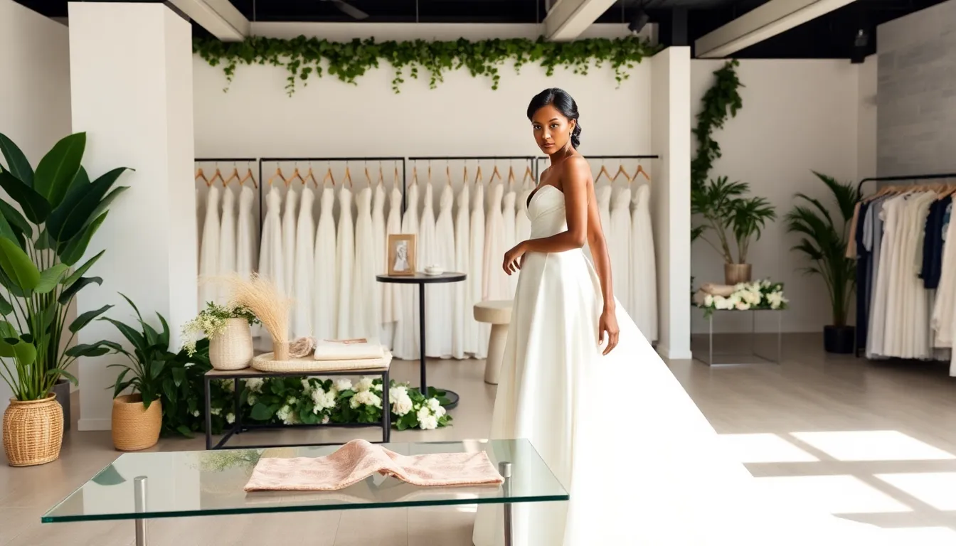 diverse bride in a sustainable wedding dress in a modern boutique.