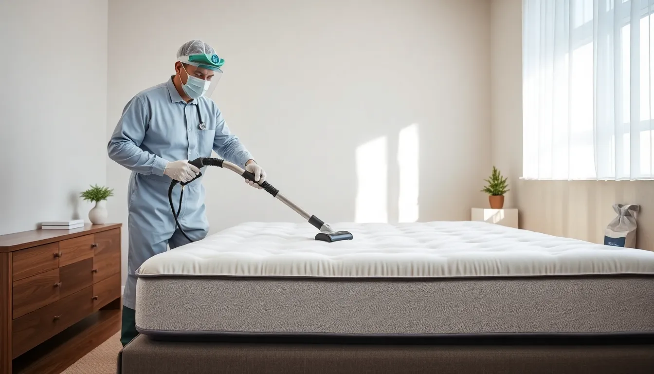 professional cleaning a mattress in a bright, modern bedroom.