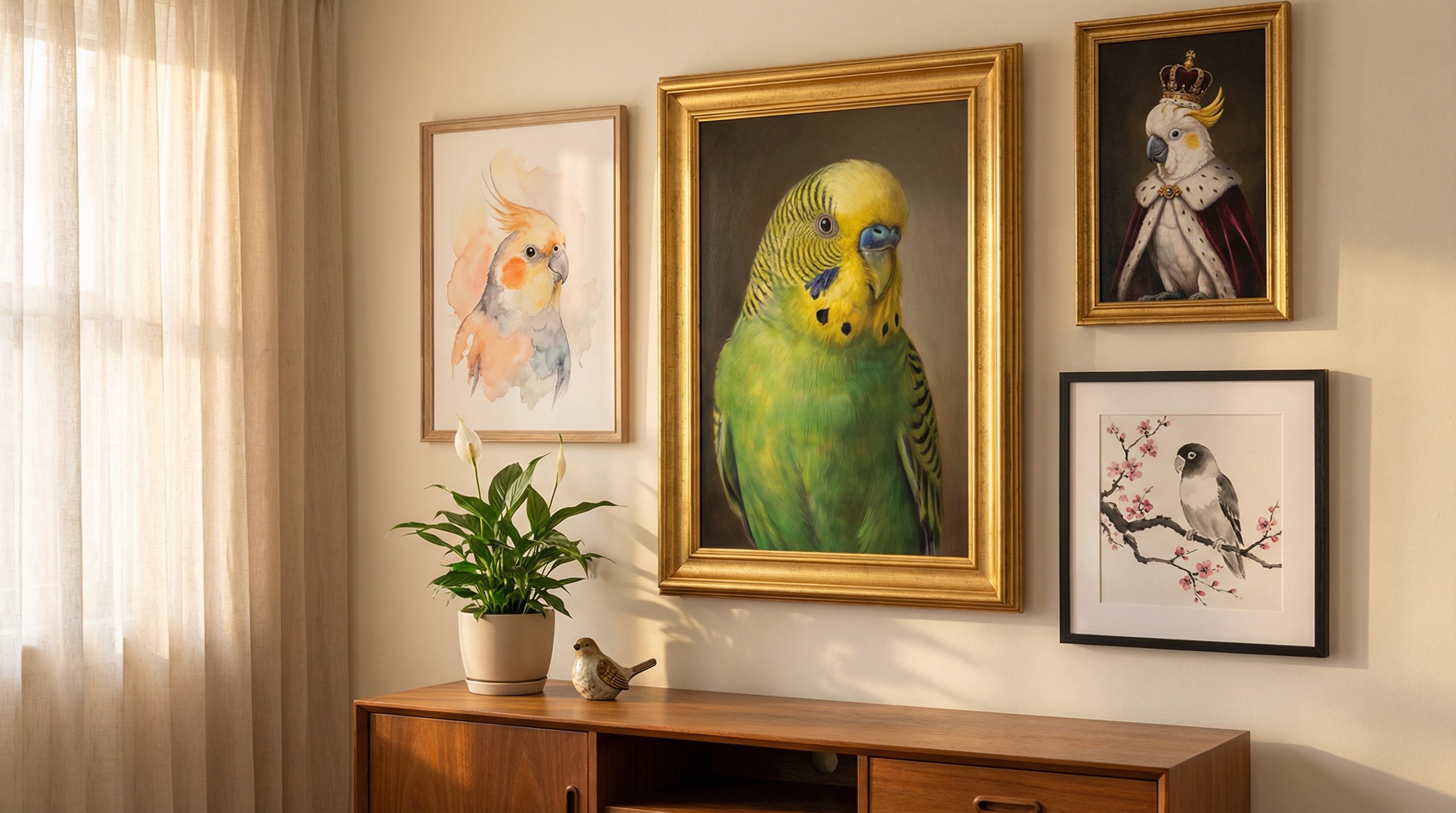 Gallery wall of bird memorial portraits in various artistic styles in a sunlit living room.