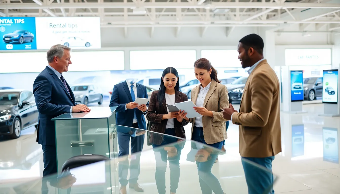 diverse group at a car rental office discussing options.