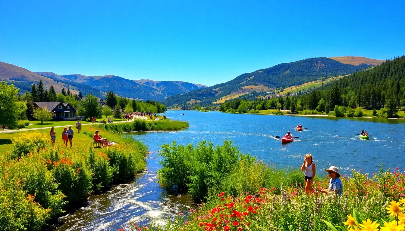 Scenic view of Sherbrooke with a river, hills, and people enjoying outdoor activities.