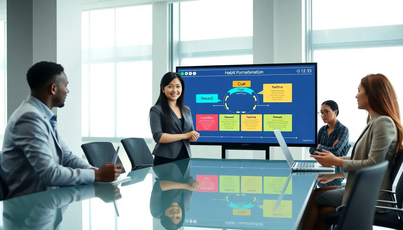 diverse professionals discussing habit formation in a modern office.