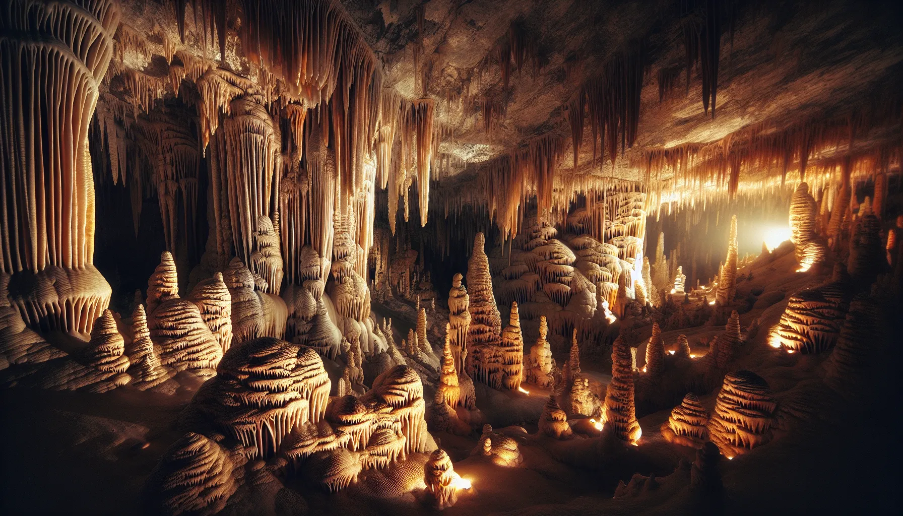 Stalactites hanging in a dimly-lit limestone cave.