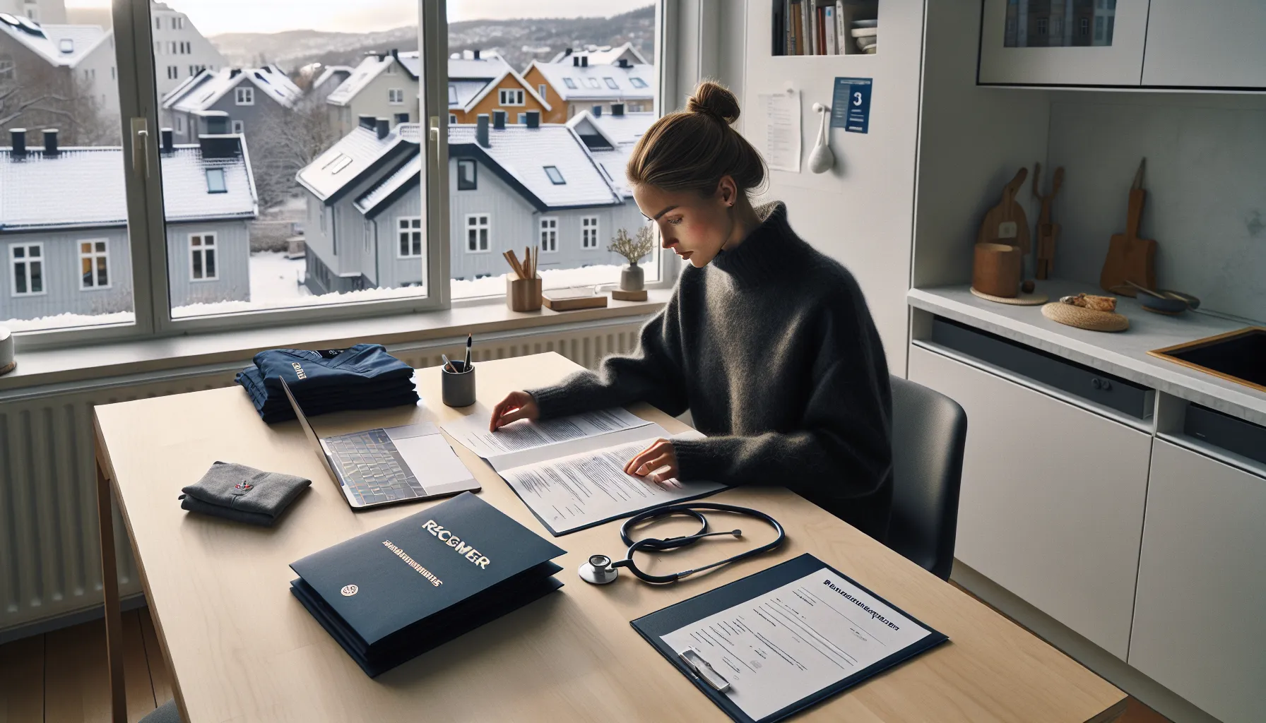 Norwegian student reviewing nursing application documents and language certificates at home.