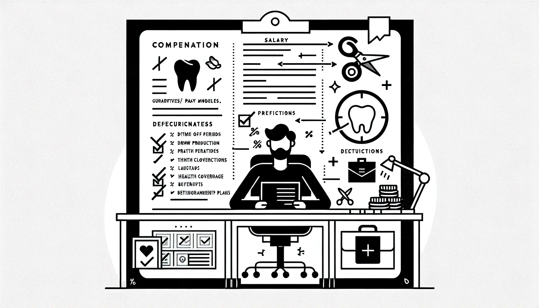 Dentist at desk reviewing a compensation contract with pay-model icons and Ohio map.