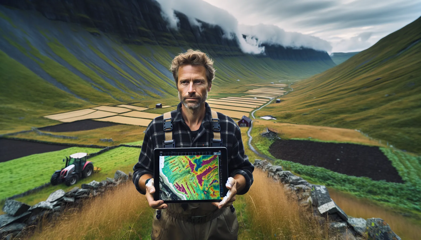 Norwegian mountain farmer using satellite map on tablet to plan steep fields.