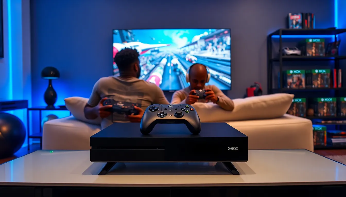 diverse gamers playing Xbox in a modern gaming setup.