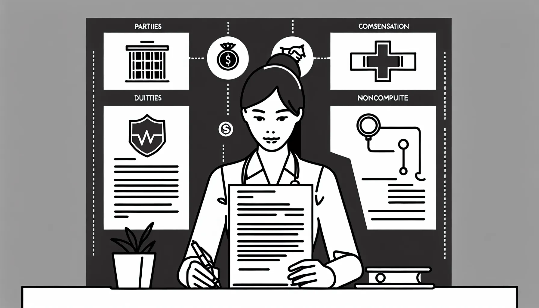 Veterinarian at desk inspecting a contract with checklist and Kansas outline of Kansas Veterinary Contract Review