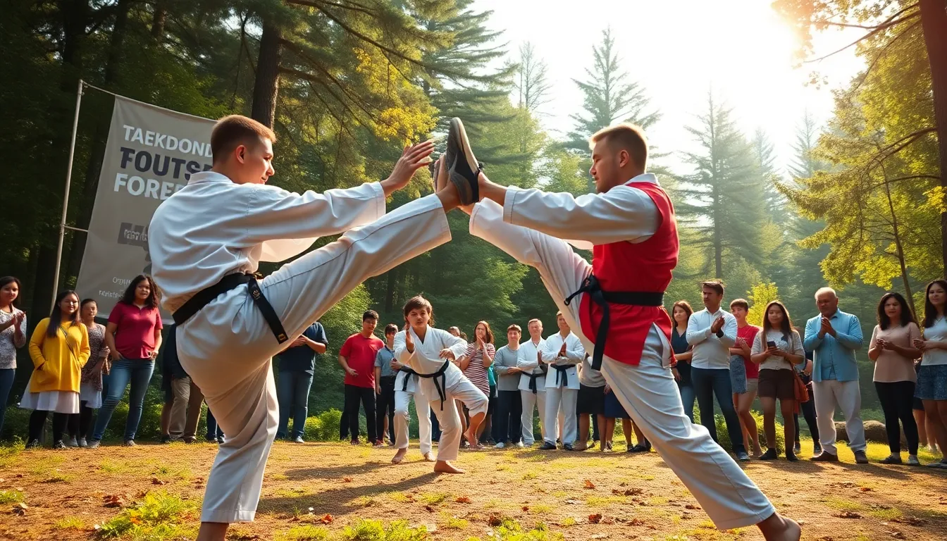 taekwondo competition in a vibrant forest setting.