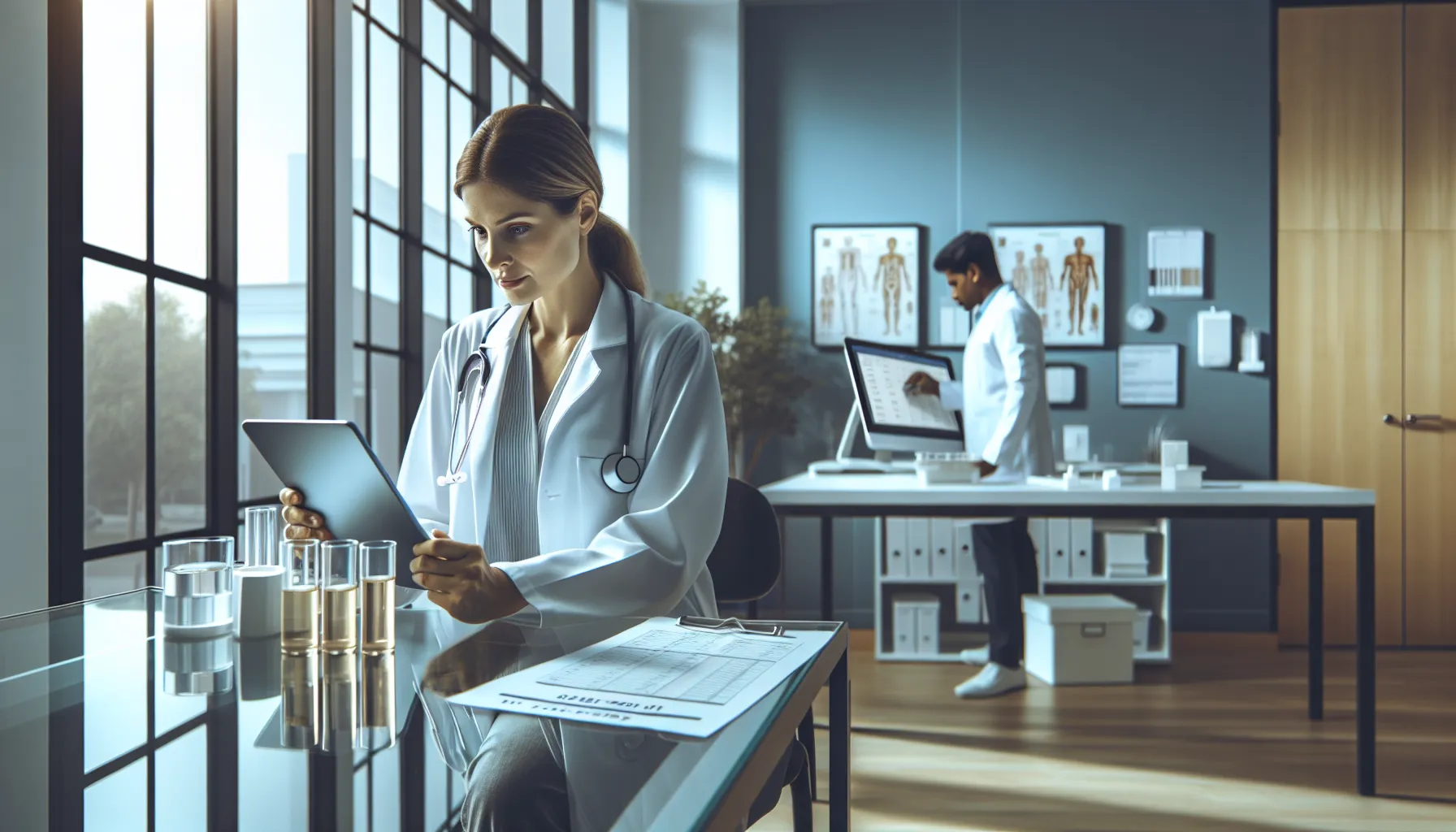 doctor analyzing urine test results on a digital tablet in a clinical office.