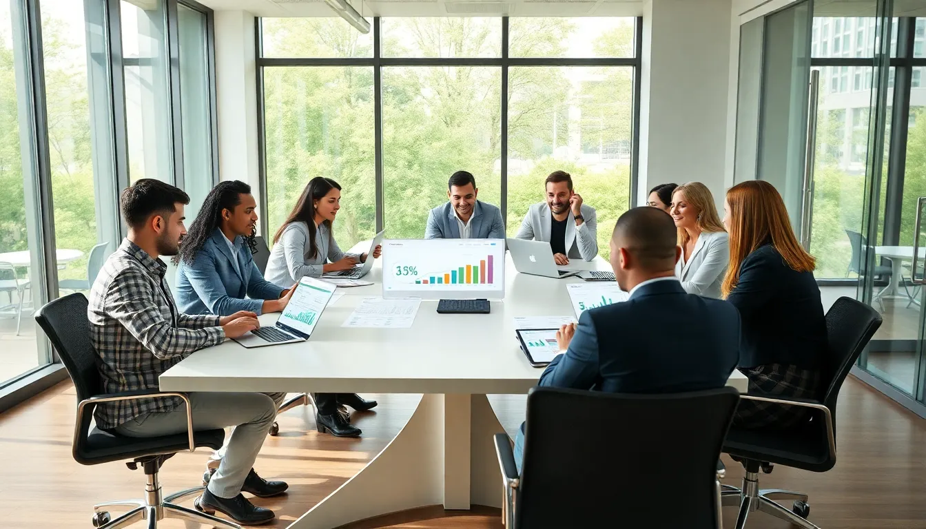 diverse professionals collaborating in a modern office setting.