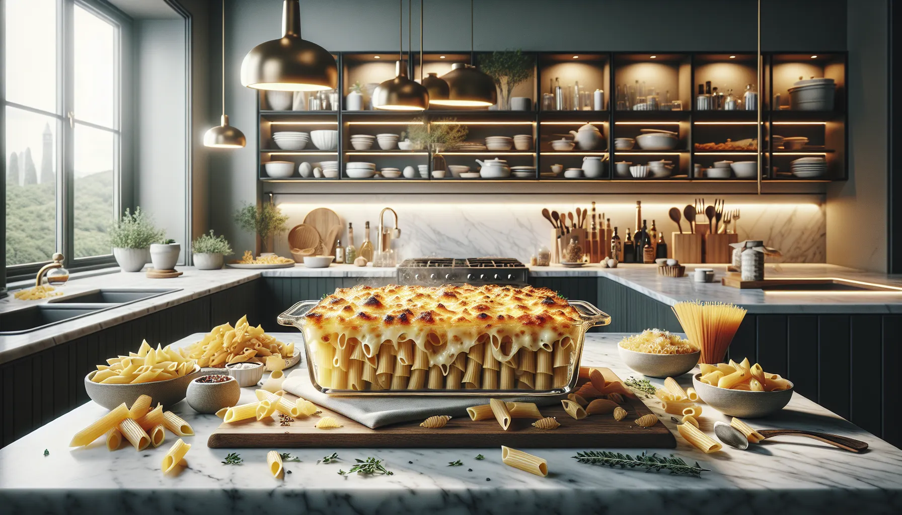 Zavaggouda dish with various pasta types in a modern kitchen.