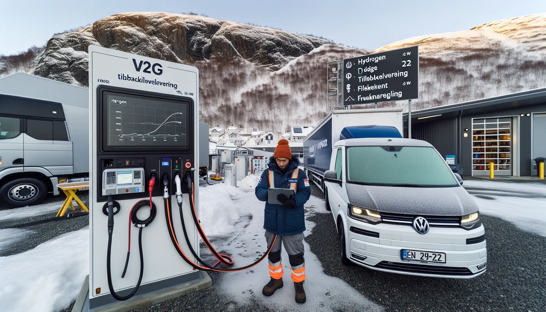 Norwegian ev van using v2g at depot; hydrogen truck refuels nearby.