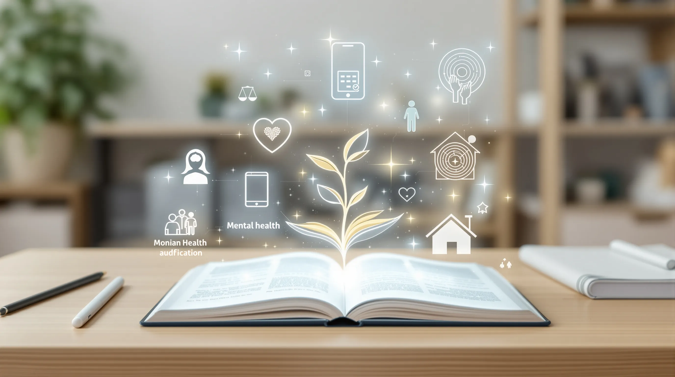 Open book-tablet hybrid with glowing icons of modern fairy-tale themes.