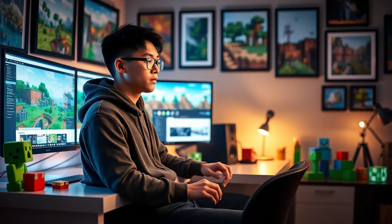 a gamer working at a desk with Minecraft-themed decor and dual monitors.