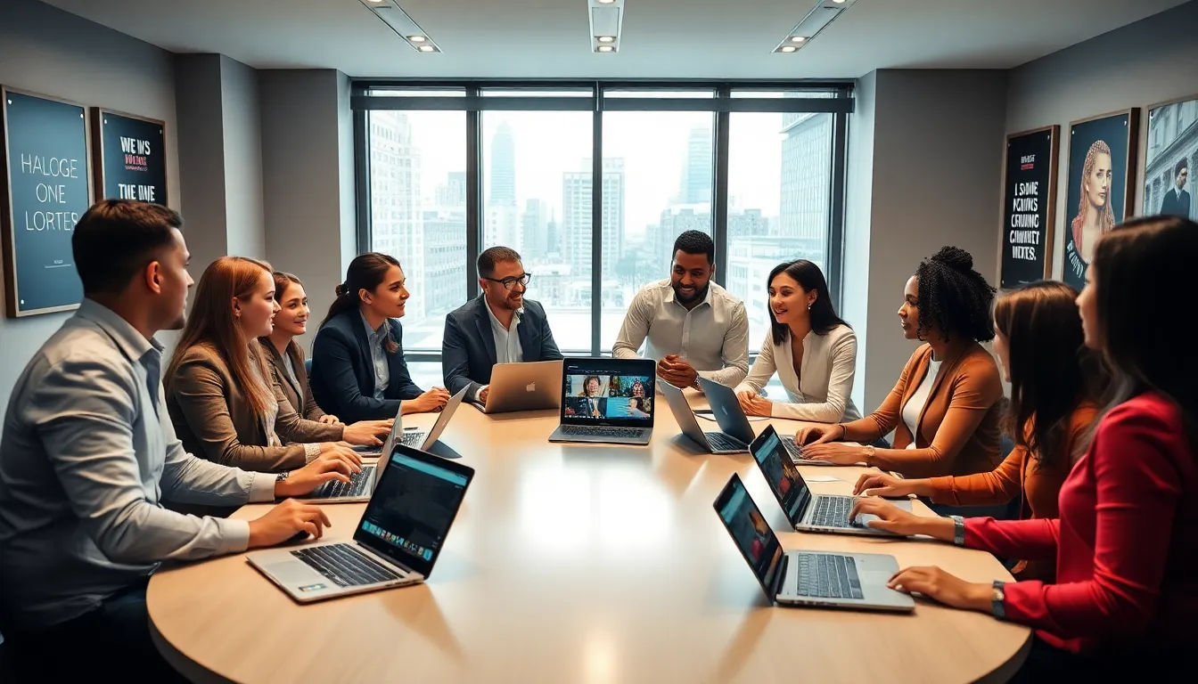 professionals discussing ideas in a modern conference room.