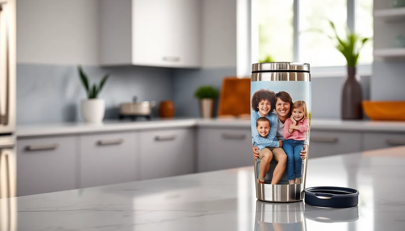 Personalized photo travel mug on a kitchen countertop.