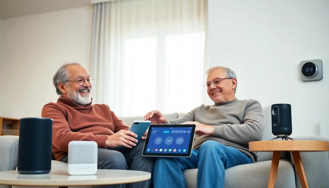 elderly couple interacting with smart home devices in a cozy living room.