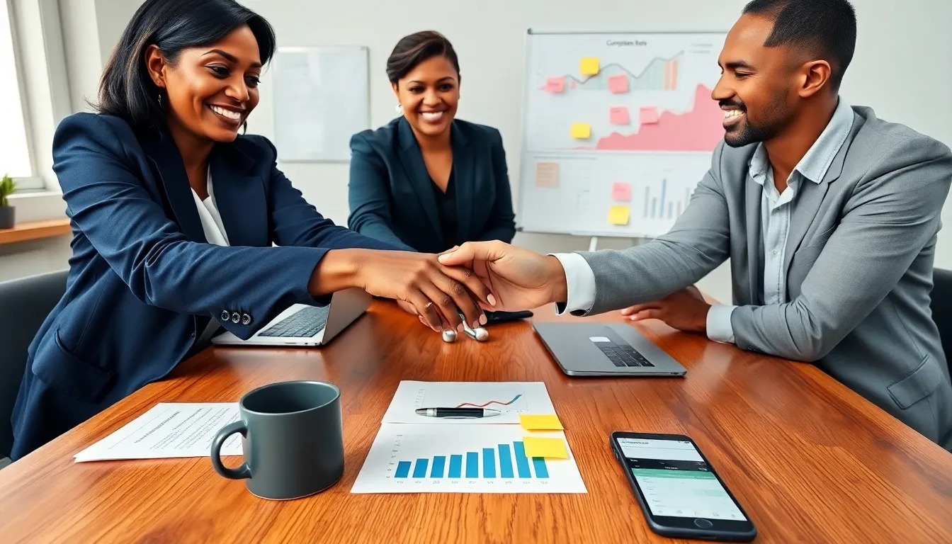 Business leaders shaking hands over a contract in a modern office, team collaborating
