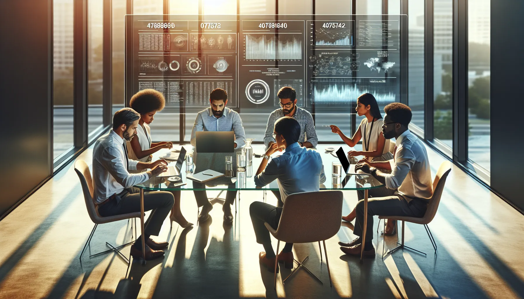 diverse team analyzing data in modern office setting.