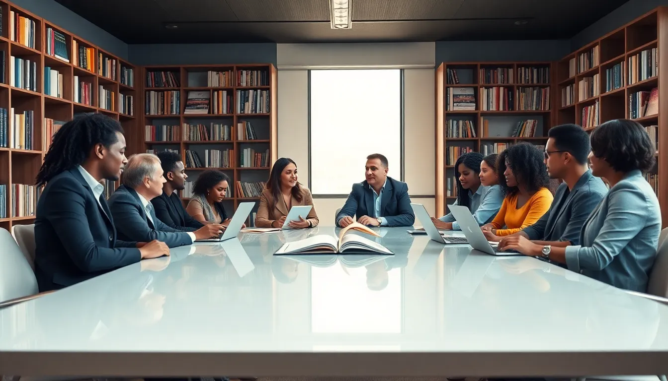 diverse authors discussing literature in a modern conference room.