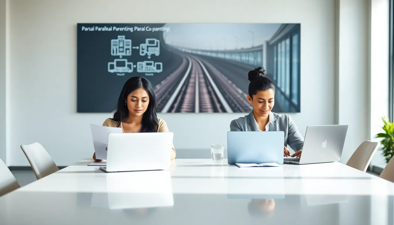 diverse parents working separately on laptops in a modern office.