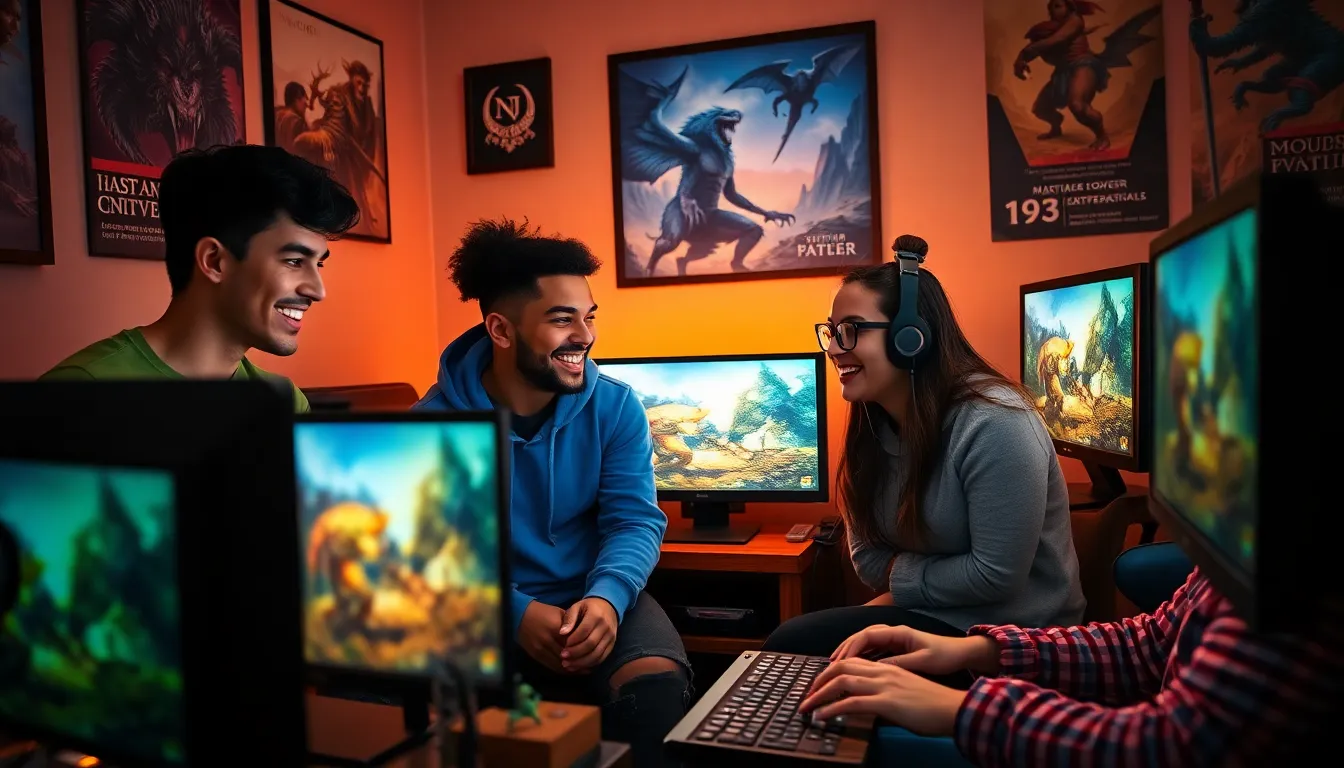four diverse gamers collaborating in a cozy gaming room, immersed in Neverwinter.