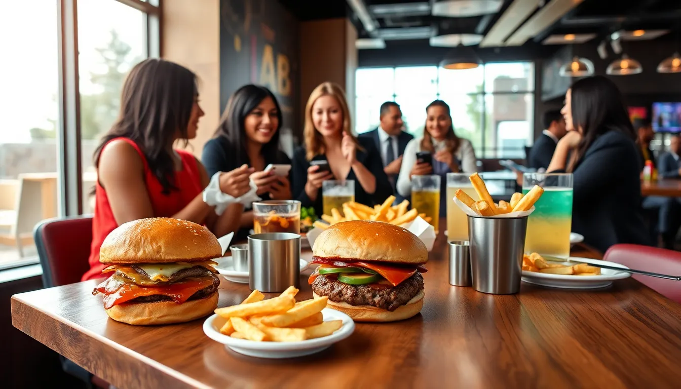 delicious burgers and fries on a table in a casual dining setting.