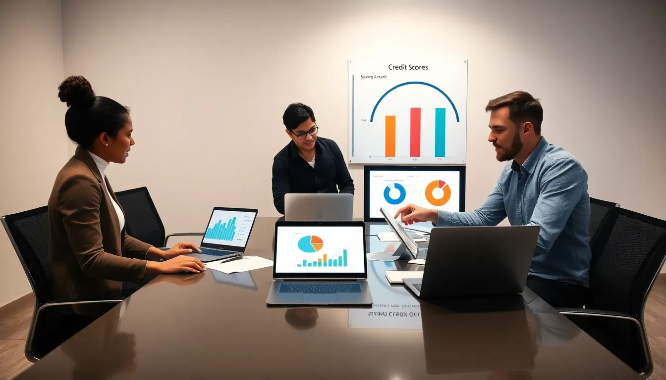 diverse professionals discussing credit scores in a modern office.