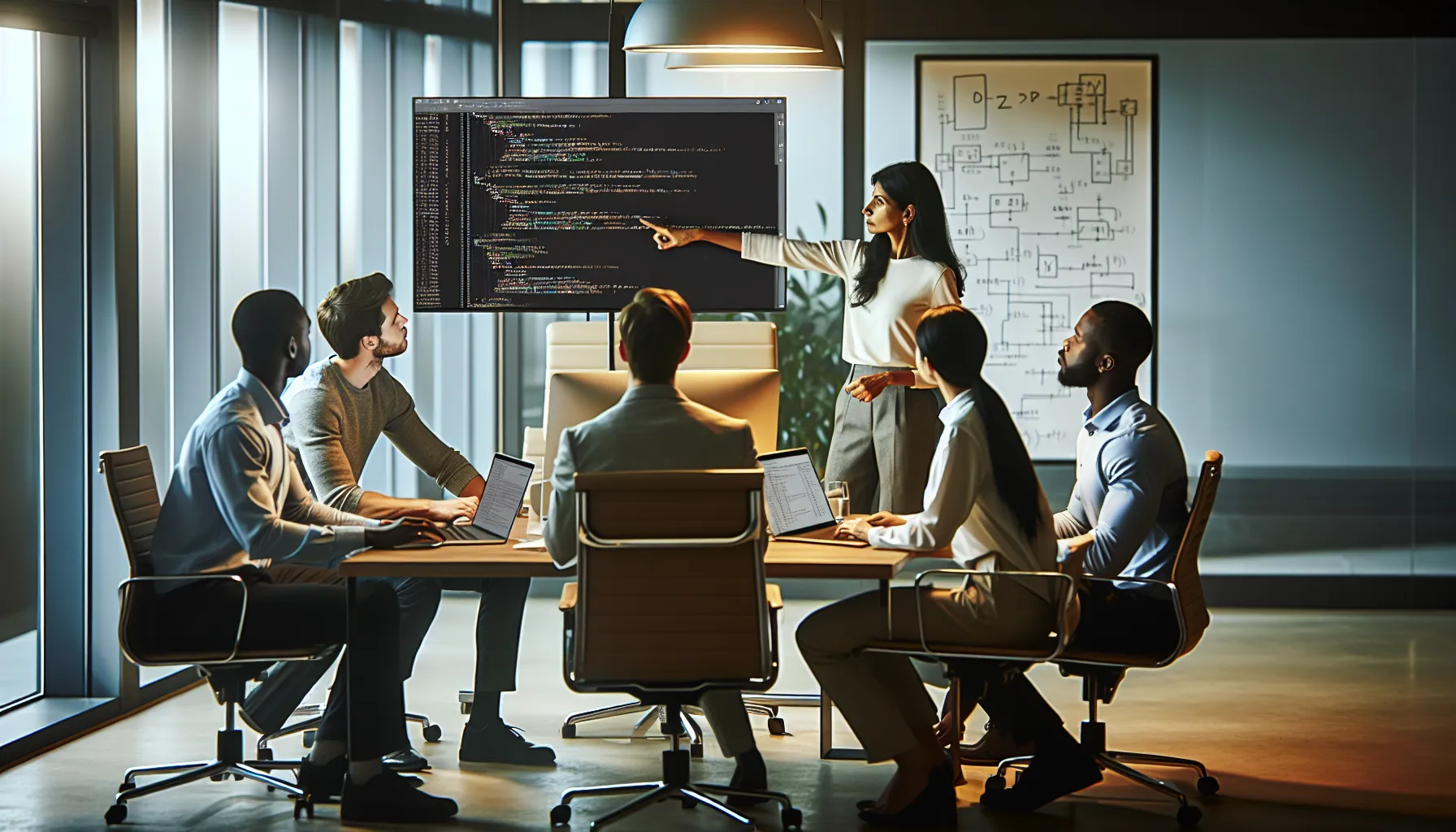 diverse developers troubleshooting Python code in a modern office.