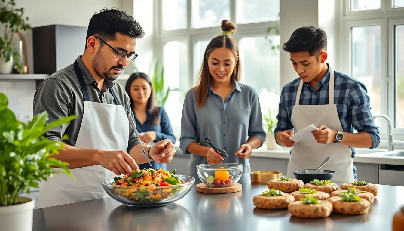 A diverse group cooking plant-based dishes in a modern kitchen.