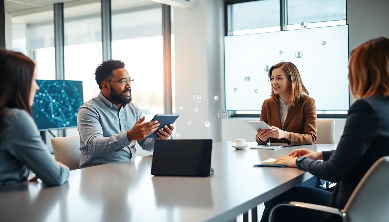 diverse team discussing web trends in a modern office.