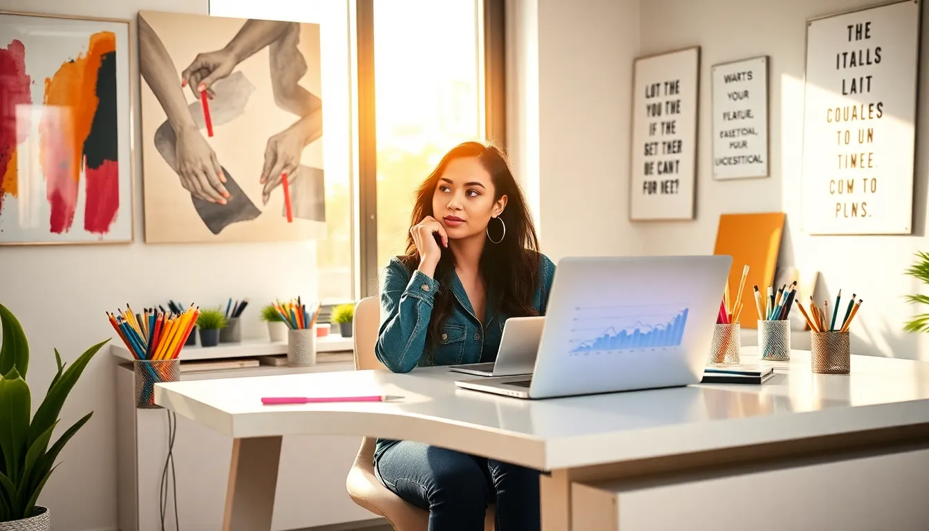 a young influencer in a creative workspace with social media content.